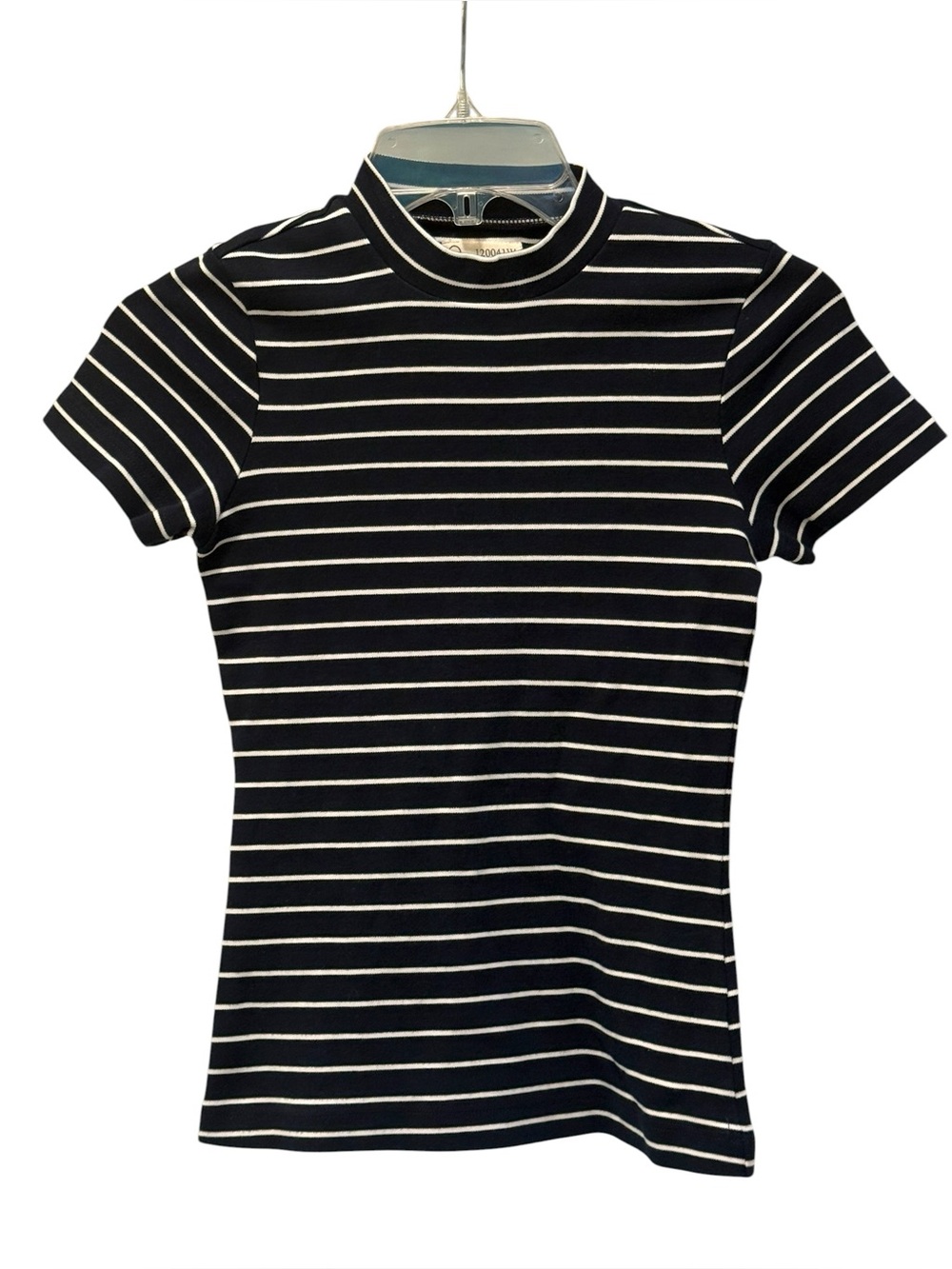 For Days tee shirt mock neck short sleeve navy white stripe organic cotton XS